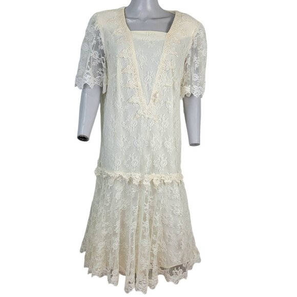 Vintage 80s Lace Midi Dress Women 12 Cream 20s Style Formal Wedding Retro Summer - Picture 2 of 13